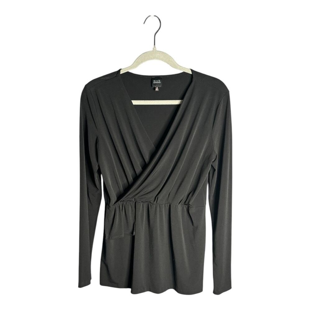 Black Saks 5th Ave Black Long Sleeve Wrap Peplum Blouse Medium